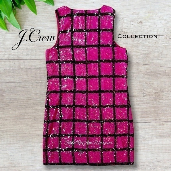 J.Crew Collection rare fuchsia pink & black windowpane sequin shift dress - Picture 8 of 13